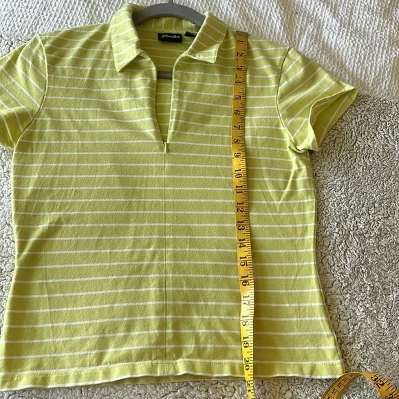 St. John's Bay Women's S Zip Neck Polo Tee Shirt Lime Green White Stripe Preppy - Picture 14 of 15